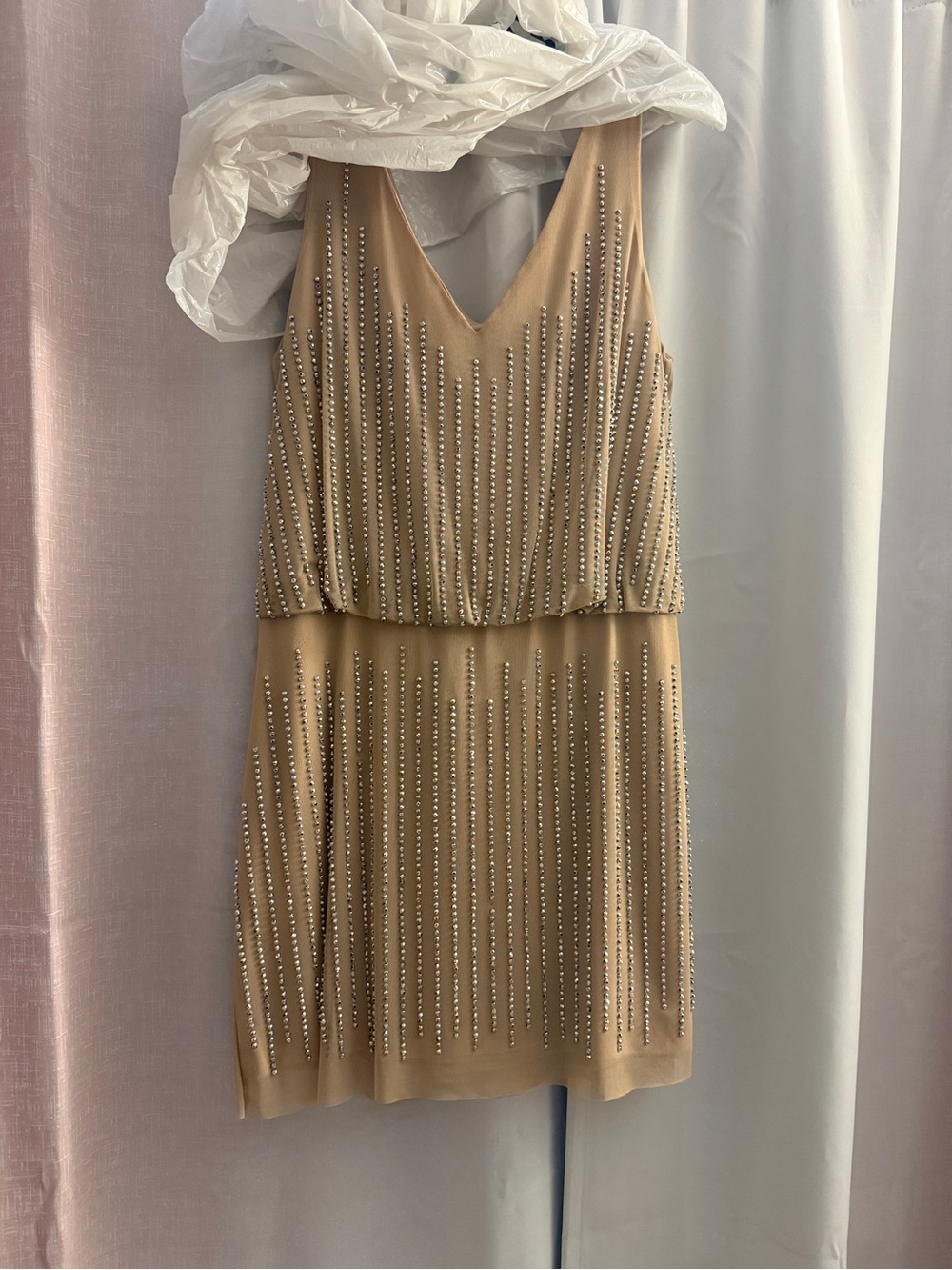 Xscape Beige Beaded V-Neck Cocktail Dress